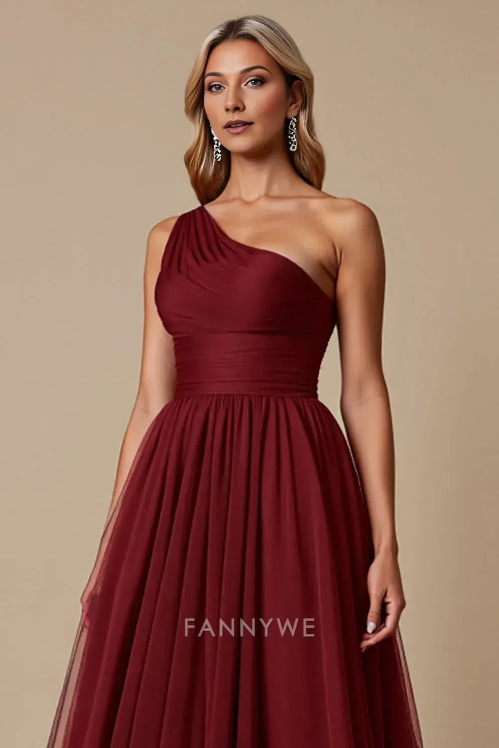 FannyWe Vestidos de Noche Sencillos Línea A Cabernet Un Hombro Tul Vestido Largo de Dama de Honor Venta Caliente